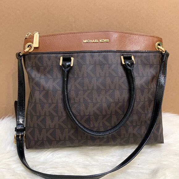 MICHAEL KORS Two-Tone Brown Cognac Signature AUBREY Zip Top Satchel w/Sh/Strap - Picture 12 of 16